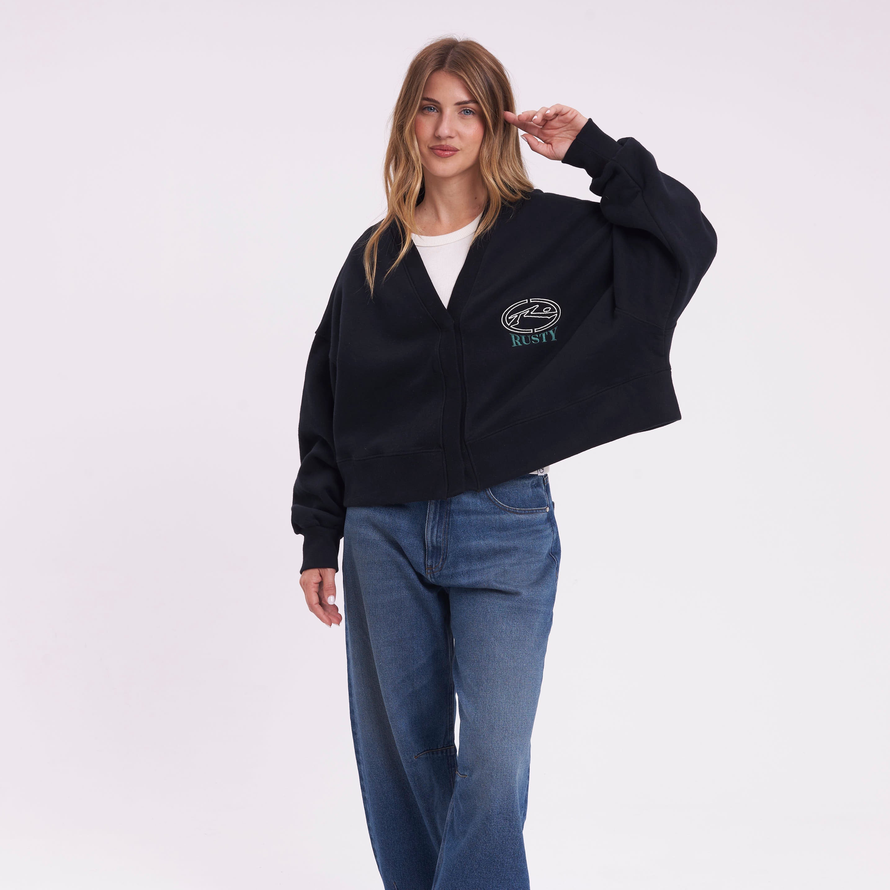 Campera Canguro Rusty Atomic Fleece Cardigan Ld Black - Image 4